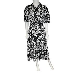 Wishing Waves Black and White Notched Collar Puff Sleeve Midi Dress Women’s Sz L